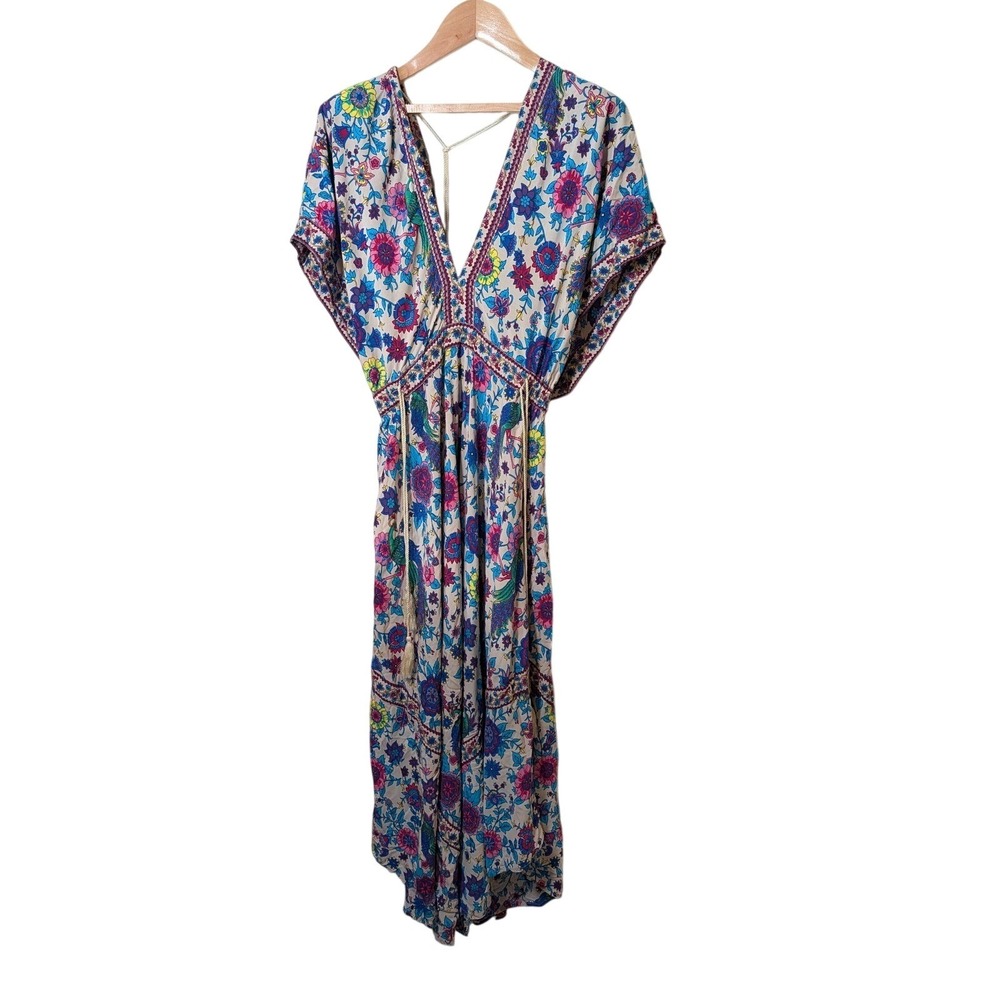 R. Vivimos Women XL Floral Peacock Boho Maxi Dress V-Neck Tassel Tie Pink Blue